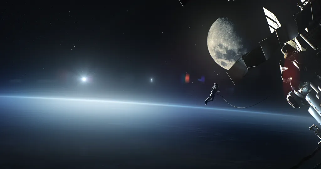 An astronaut floats in the vastness of space, with the moon prominently visible in the background.