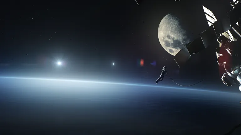 An astronaut floats in the vastness of space, with the moon prominently visible in the background.