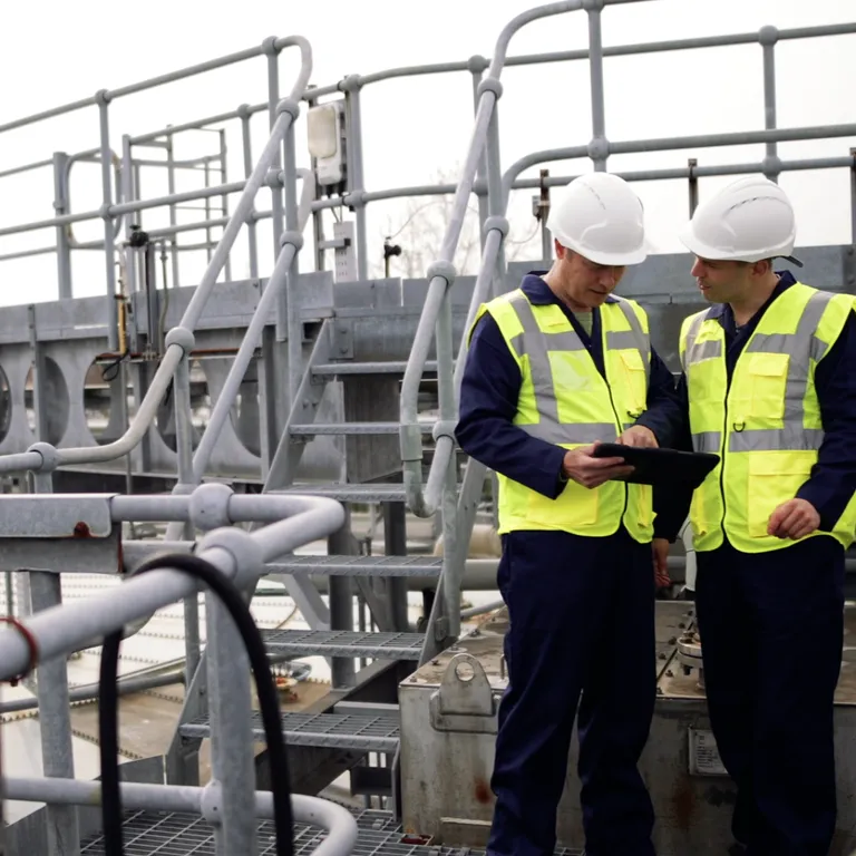 Two men in safety vests stand on an industrial plant, overseeing operations in a large facility.