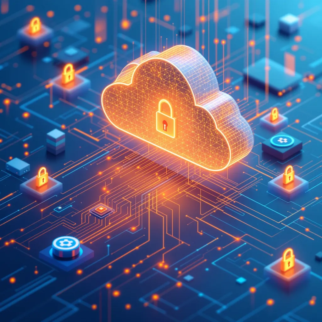 Abstracte illustratie van een verlichte oranje cloud met een slot in het midden, symbool voor beveiligde cloudopslag. De cloud is verbonden met digitale lijnen en schakelingen op een donkerblauwe achtergrond, omringd door meerdere kleinere sloticonen die dataveiligheid en netwerkbeveiliging vertegenwoordigen.