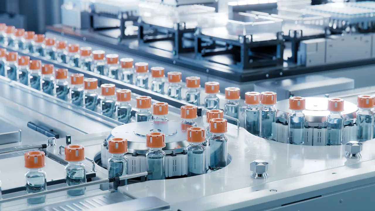 A close-up of a production line with medication ampules