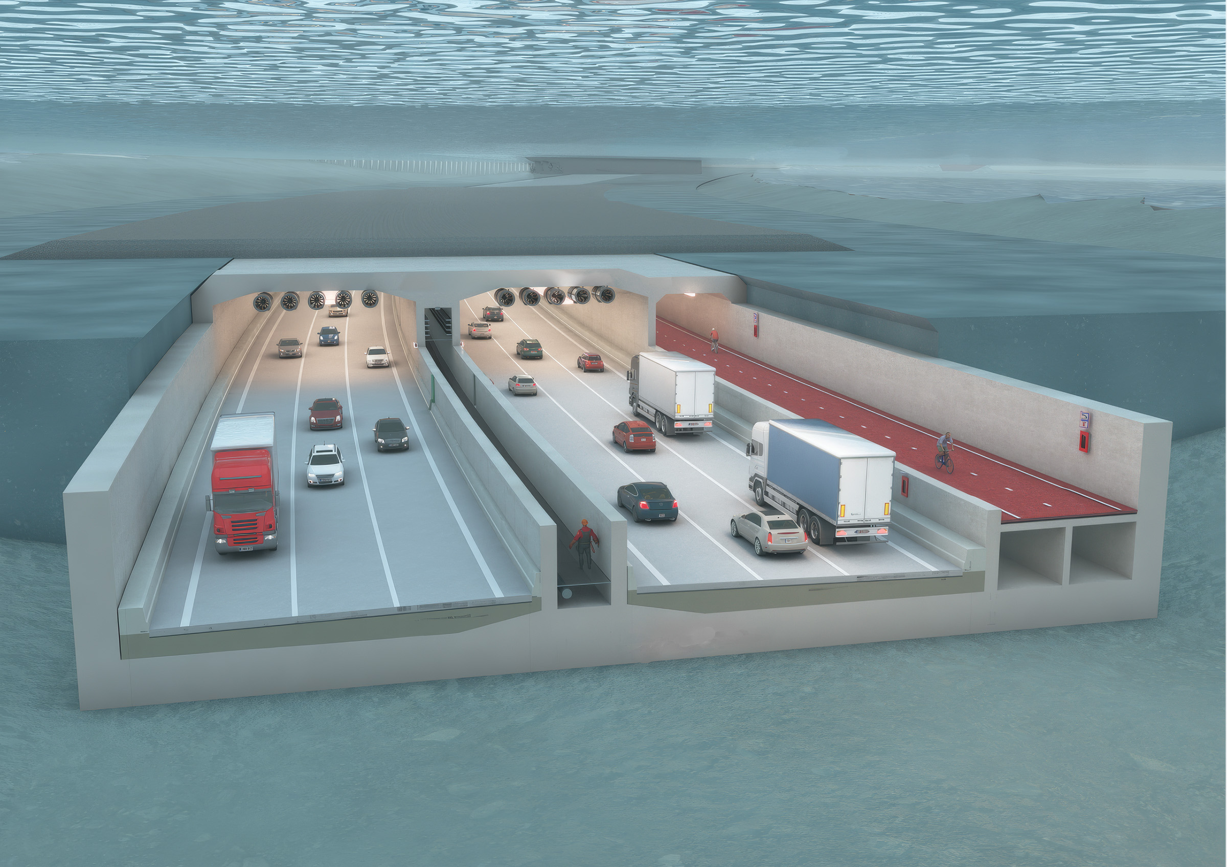 Oosterweel, Cross-section of an underwater tunnel with separate car, truck, bike, and service lanes beneath beneath the river Scheldt.