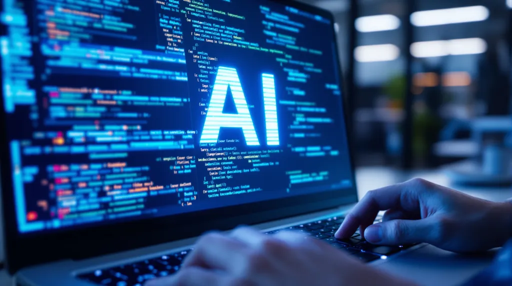 Computer with code in the background and "AI" on the screen, with hands touching the keyboards