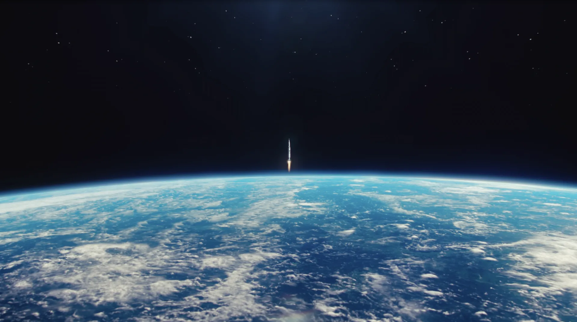 A spaceship launching from ash into space