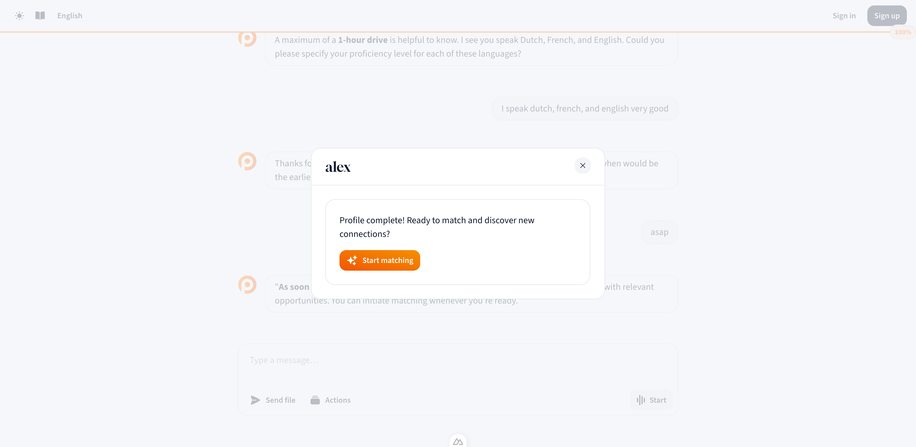 Start matching modal