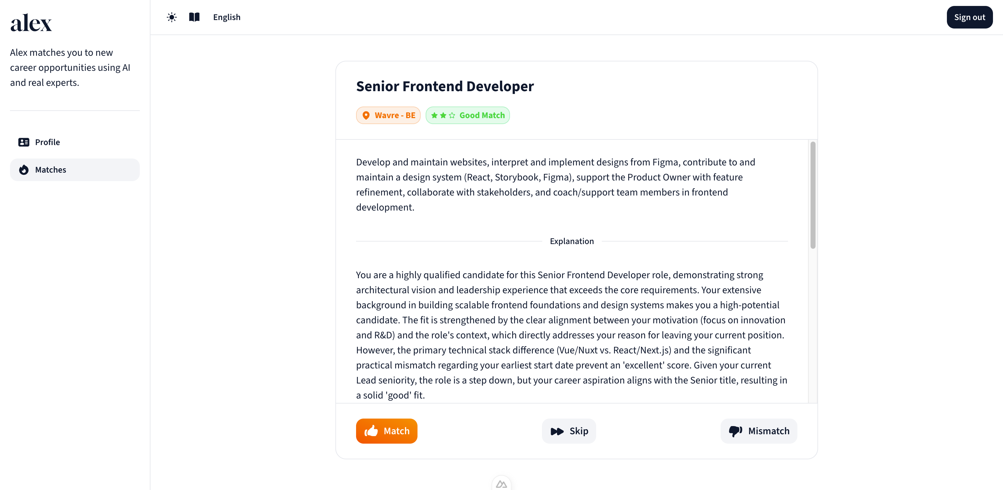 Job cards with match, mismatch and skip