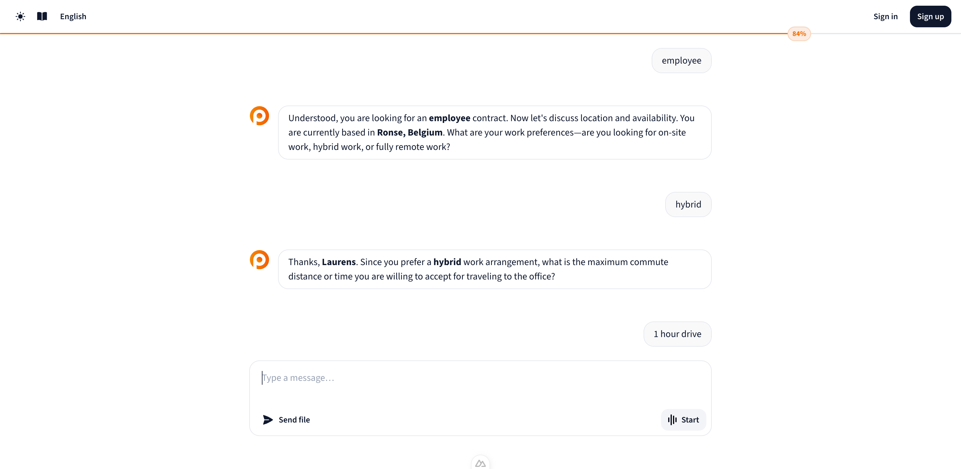 Example of intake answers