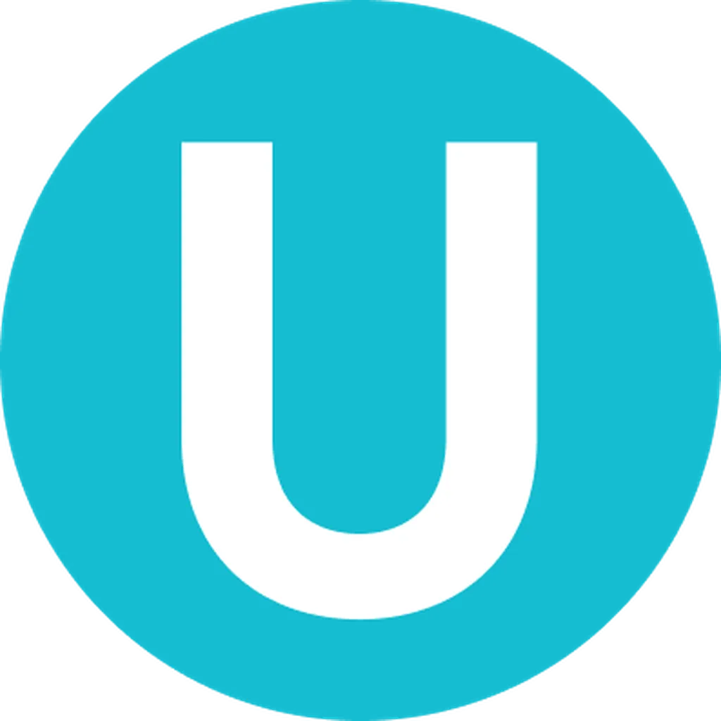 Een turquoise blauwe cirkel met een grote U erin. Het is het logo van Ukomst