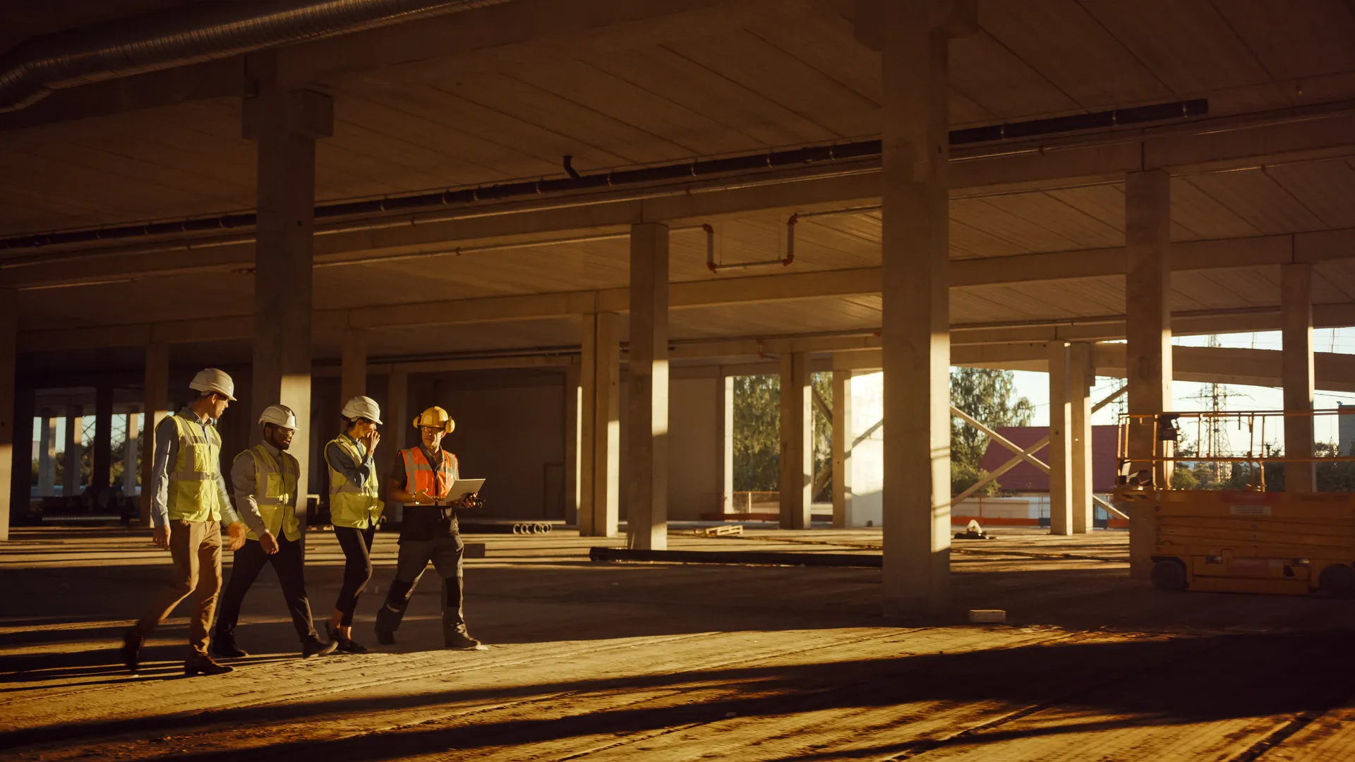 Diverse Team of Specialists Walk Through Garage Level of Industrial / Commercial Building Construction Site. Real Estate Project with Civil Engineer, Investor and Worker.