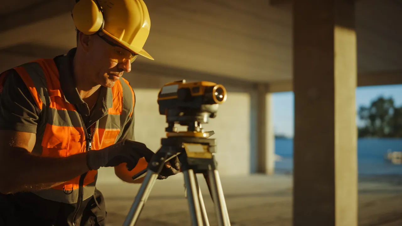 Inside of the Commercial / Industrial Building Construction Site: Professional Engineer Surveyor Takes Measures with Theodolite, Using Digital Tablet Computer. In the Background Skyscraper Formwork