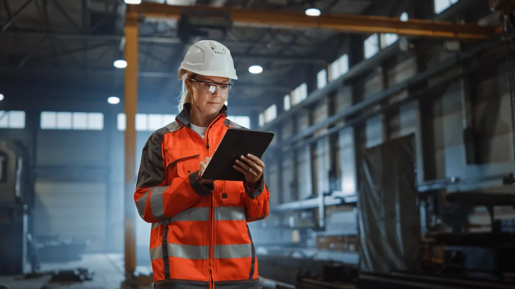 Vrouwelijke technicus met helm en veiligheidsbril gebruikt een tablet in een industriële hal om processen te controleren.