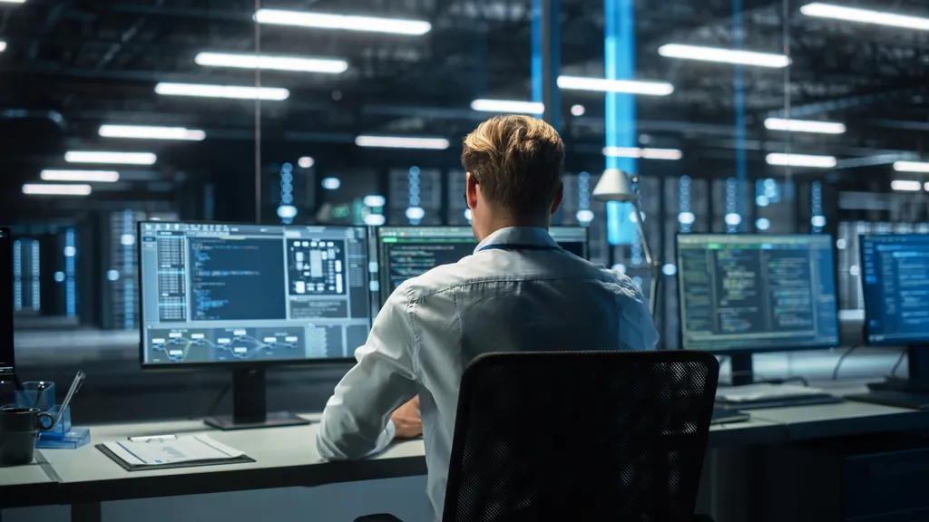 Rear view of a person in a server room at a desk, working on multiple monitors displaying code and system data.