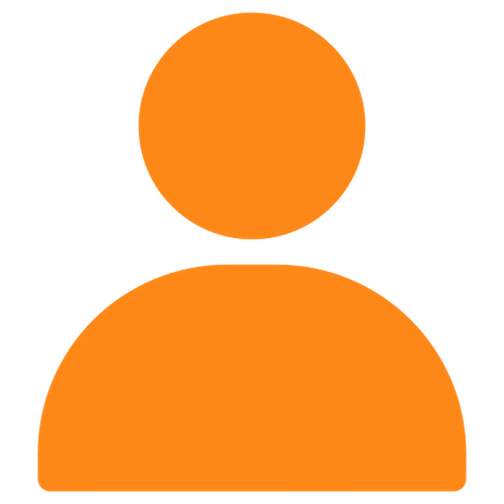 Orange user icon on a white background, depicting a simplified person with a circular head and half-circle body.