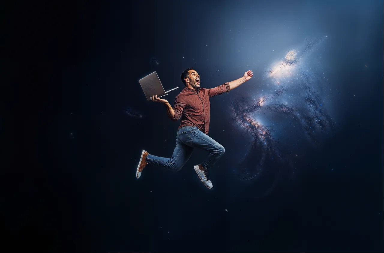 Man kijkt heel enthousiast met een laptop in zijn hand in de ruimte