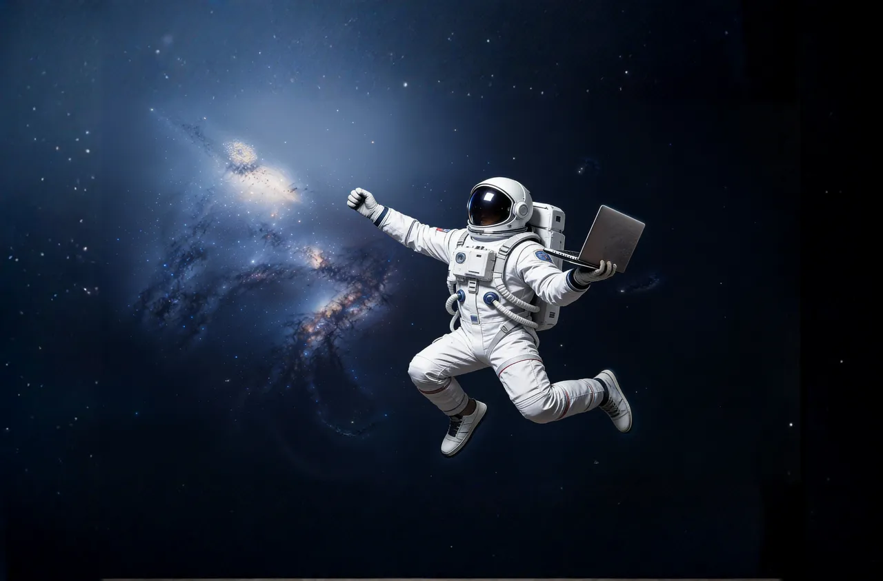 Astronaut zweeft in de ruimte met een laptop in zijn hand