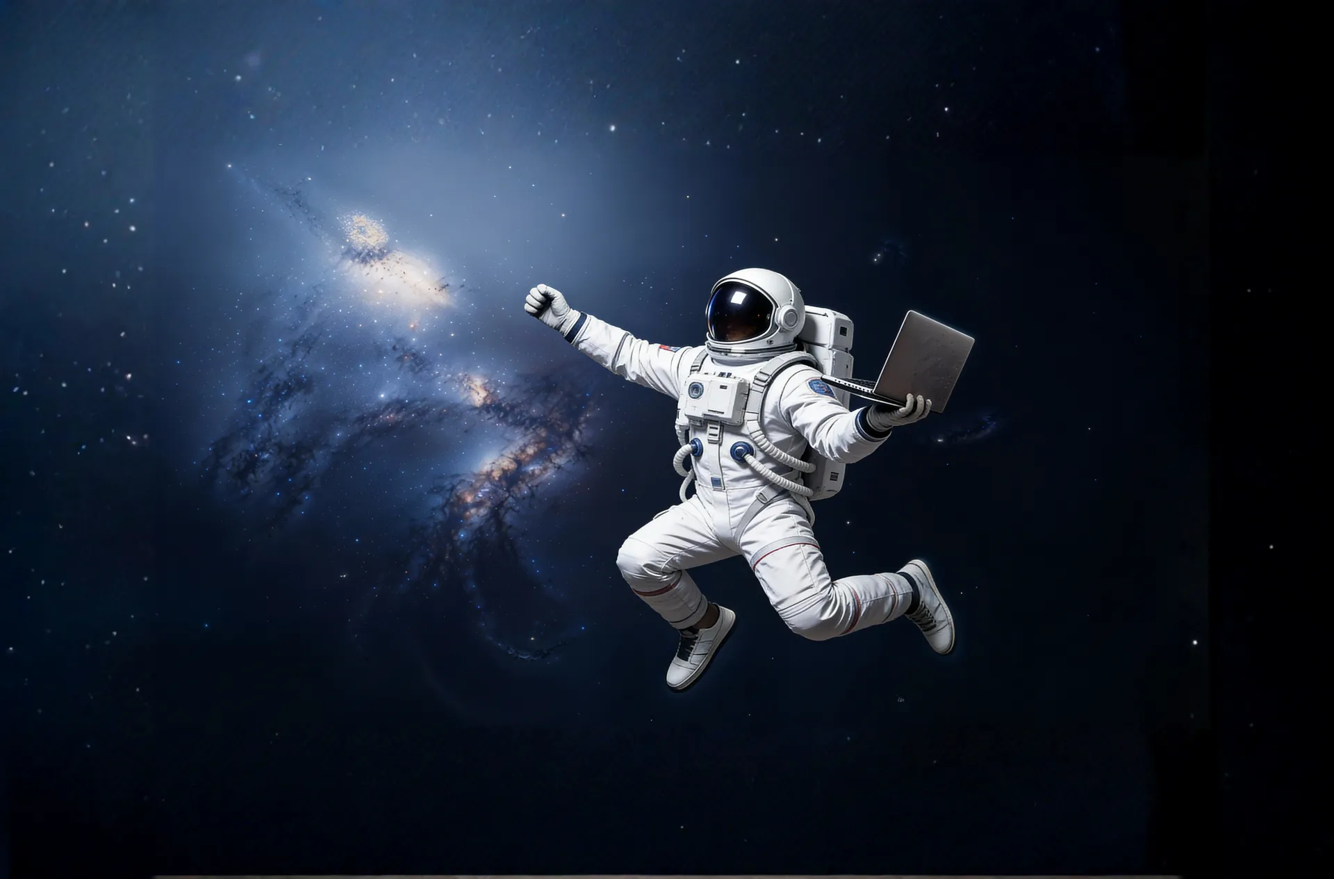 Astronaut zweeft in de ruimte met een laptop in zijn hand