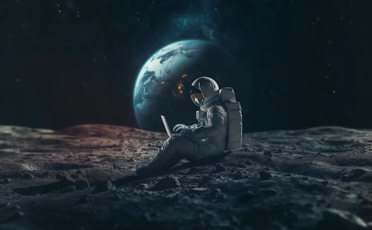 astronaut achter een laptop in de ruimte