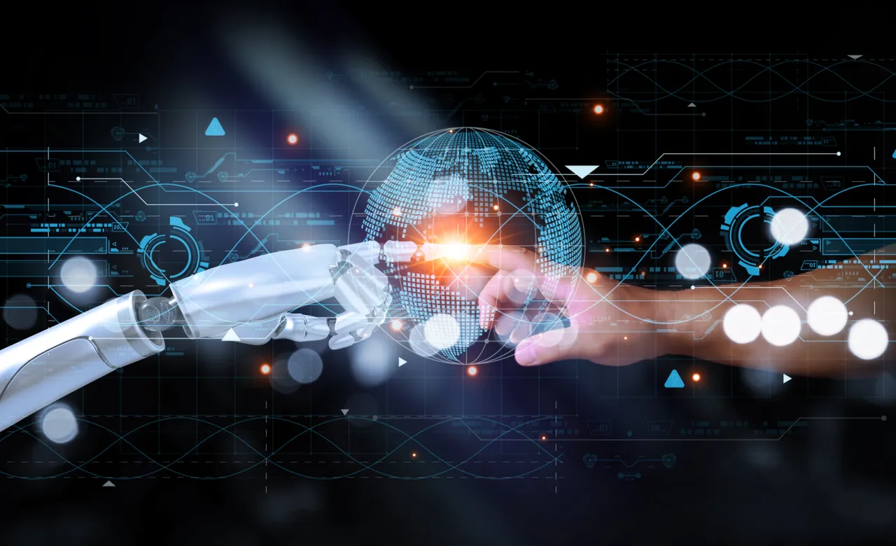A robotic hand and a human hand reaching toward each other, touching at a glowing digital globe, symbolizing AI collaboration and human-machine interaction.