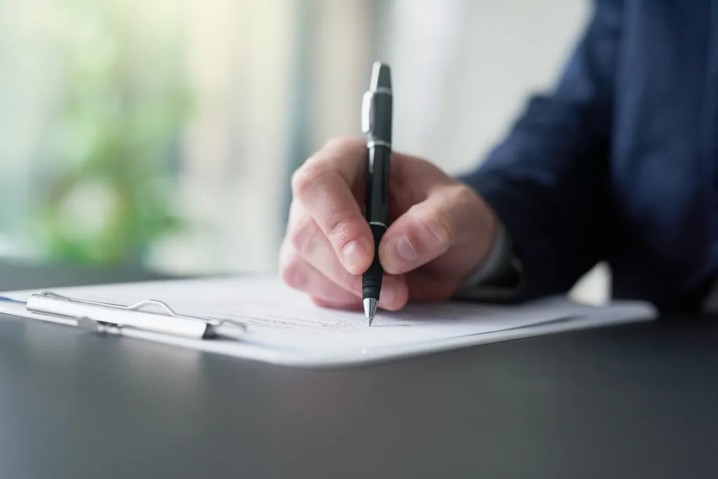 Hand, businessman and writing on document for signature for legal contract, agreement or deal for partnership as Lawyer. Attorney, paperwork and compliance, information or application for negotiation