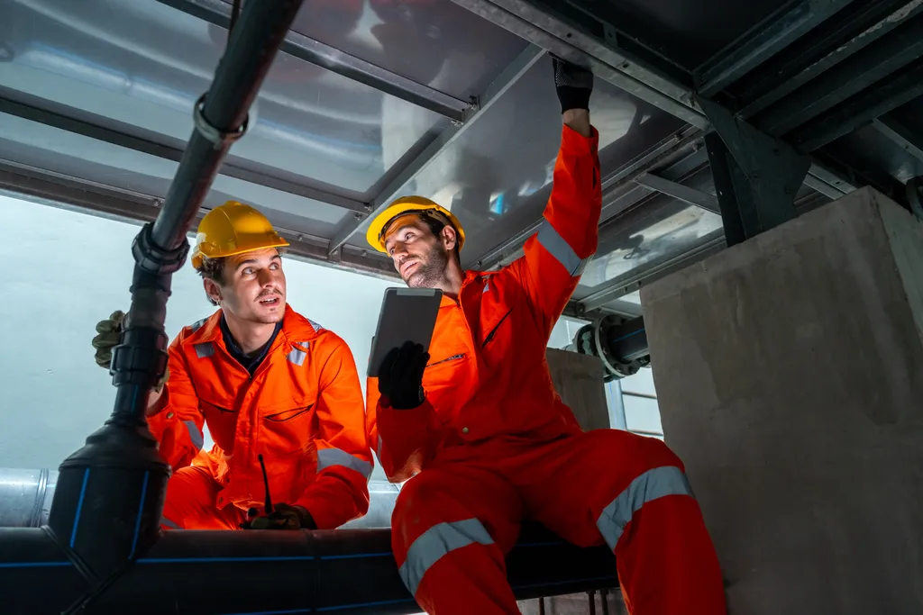 Industrieel ingenieur teamwork onderhoud gebouw exterieur koelsystemen. Mannelijke technicus werknemer in veiligheid uniform werken en inspecteren pijpleiding kleppen lucht HVAC-systemen op de bouwplaats.