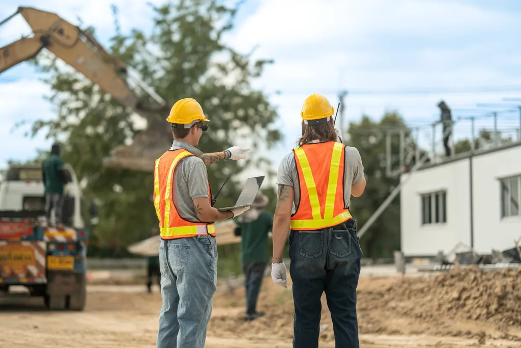 Two construction workers in safety gear review plans on site as heavy equipment operates and a crew works on a nearby building.