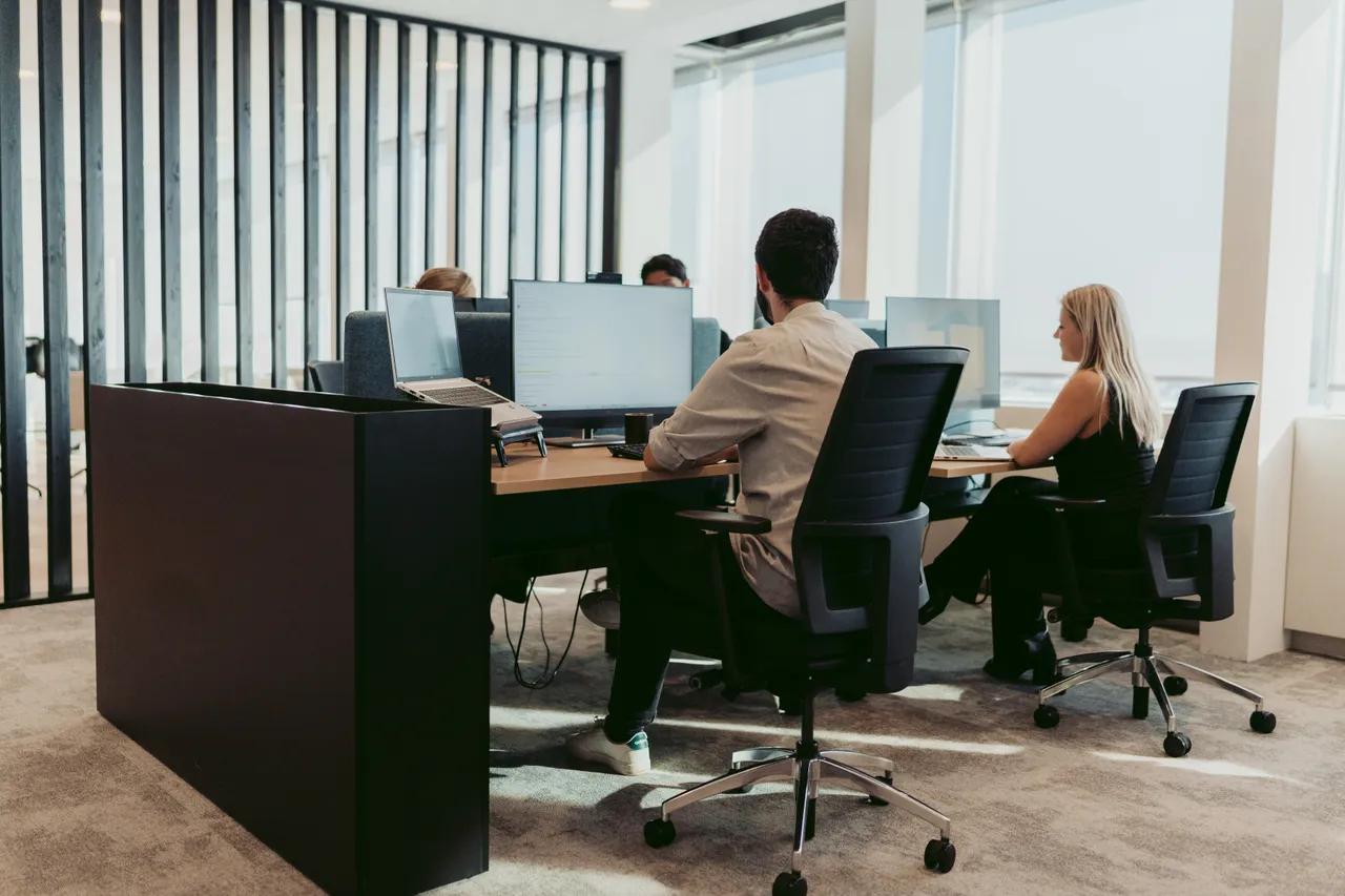 Two professionals collaborating at their desks in a modern office environment, representing the integration and stability of direct hire roles within a client’s internal team.