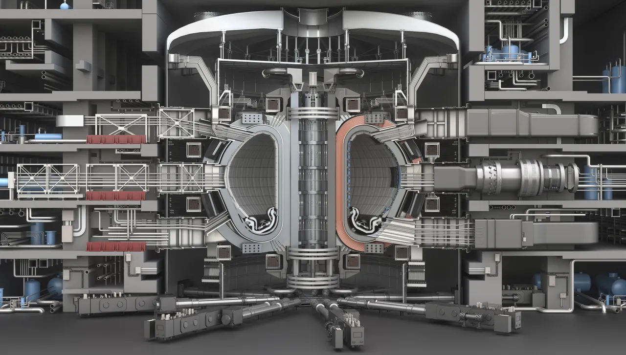 ITER Fusion Reactor. Tokamak. Thermonuclear Experimental power plant. Industrial zone with power station atomic energy production. 3D Render