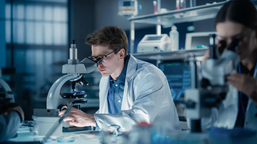 A man in a lab coat examines a specimen through a microscope in a laboratory setting.