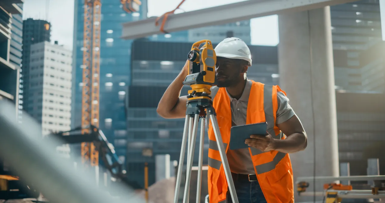 Bekwame werknemer in een goed zichtbaar vest en een harde hoed ontwerpt een bouwplaatsindeling met een Total Station Theodolite. Knappe civiel ingenieur die in de bouwsector werkt