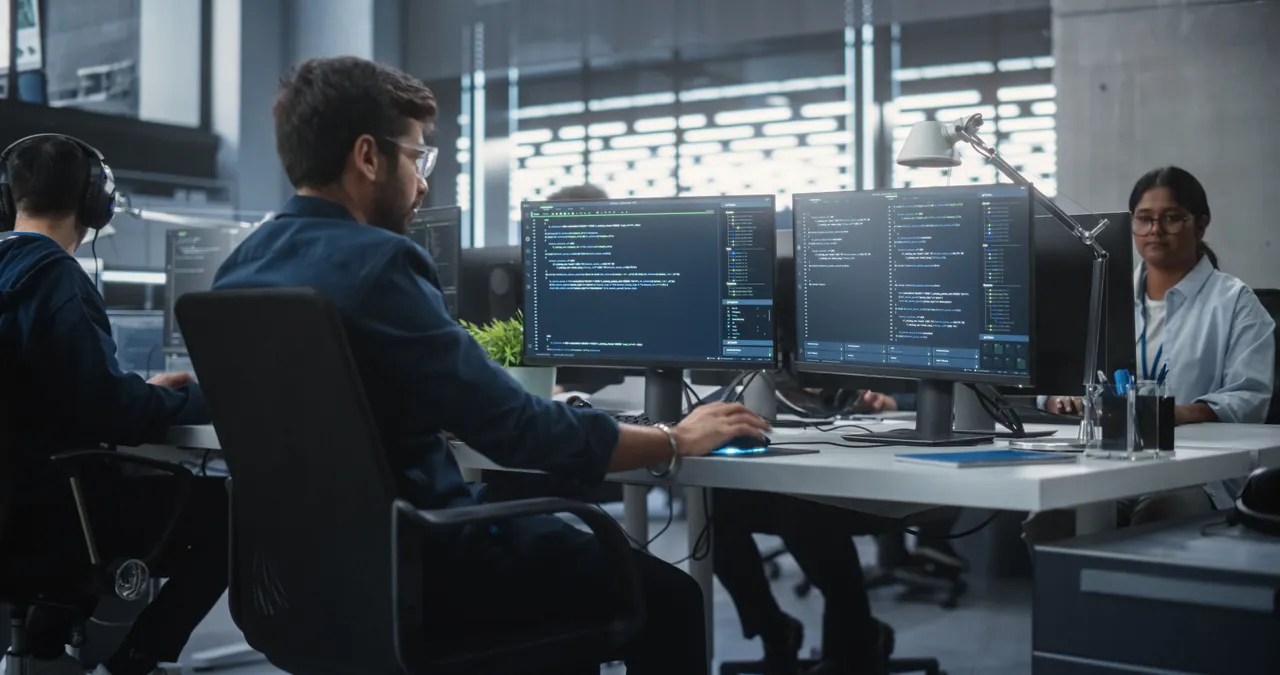 Two individuals collaborating at desks, focused on their computers in a modern office environment.