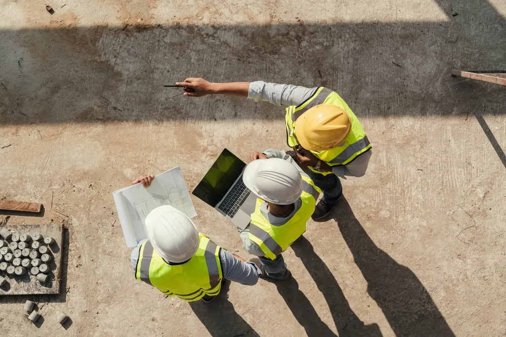 Overhead view of three construction workers in hard hats and high-visibility vests reviewing blueprints and a laptop on a concrete site.