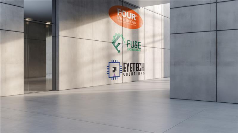 Mockup on building from logo's Four Life Sciences, Eytech solutions and Fuse Engineering.