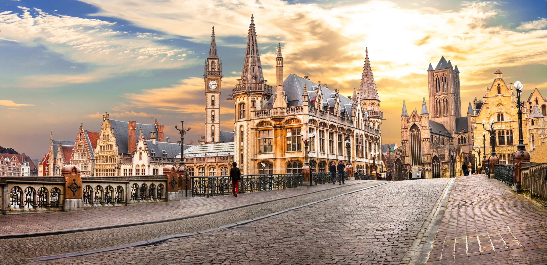 beautiful medieval Gent (Ghent) town over sunset. Belgium travel and landmarks