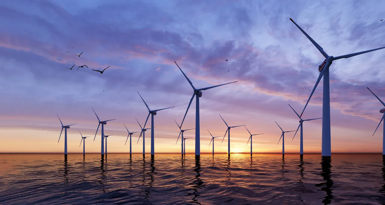 Windmill park. Offshore wind turbines farm on the ocean. Sustainable energy production. Green Energy, clean power, clean energy concept.