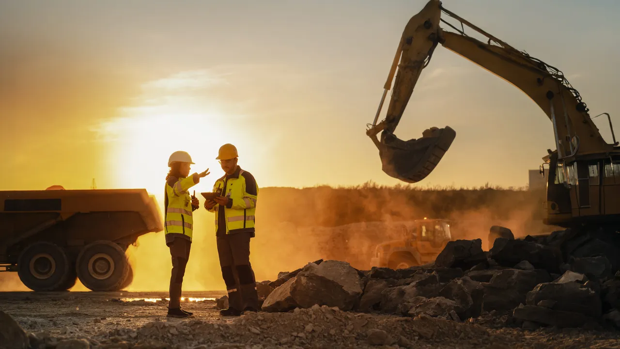 Two construction workers in safety gear talk at a dusty worksite with heavy machinery silhouetted against the sunset.