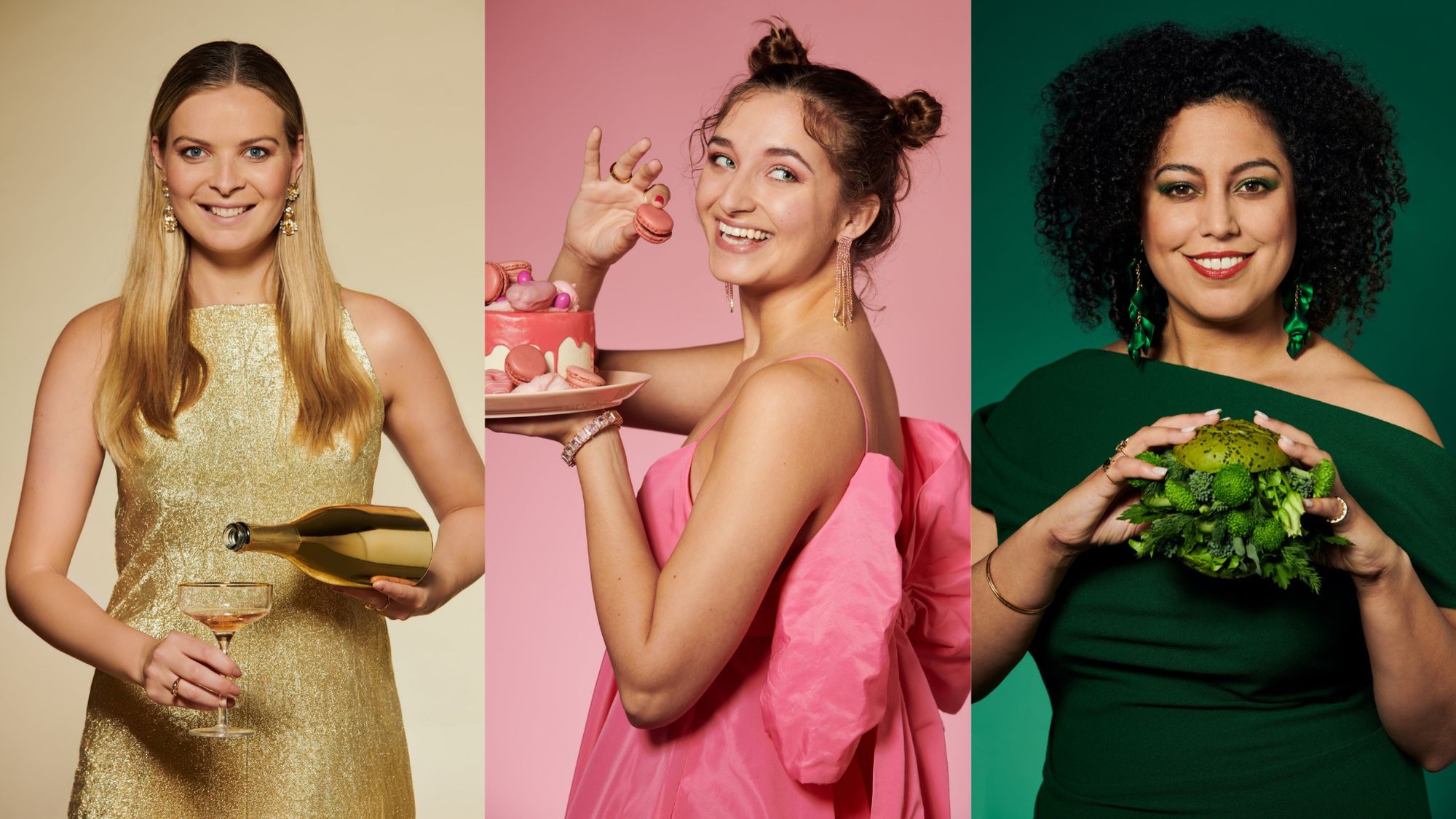 Three women in colorful outfits, one holding champagne, another with cake, and the third with broccoli, each smiling against colorful backgrounds.