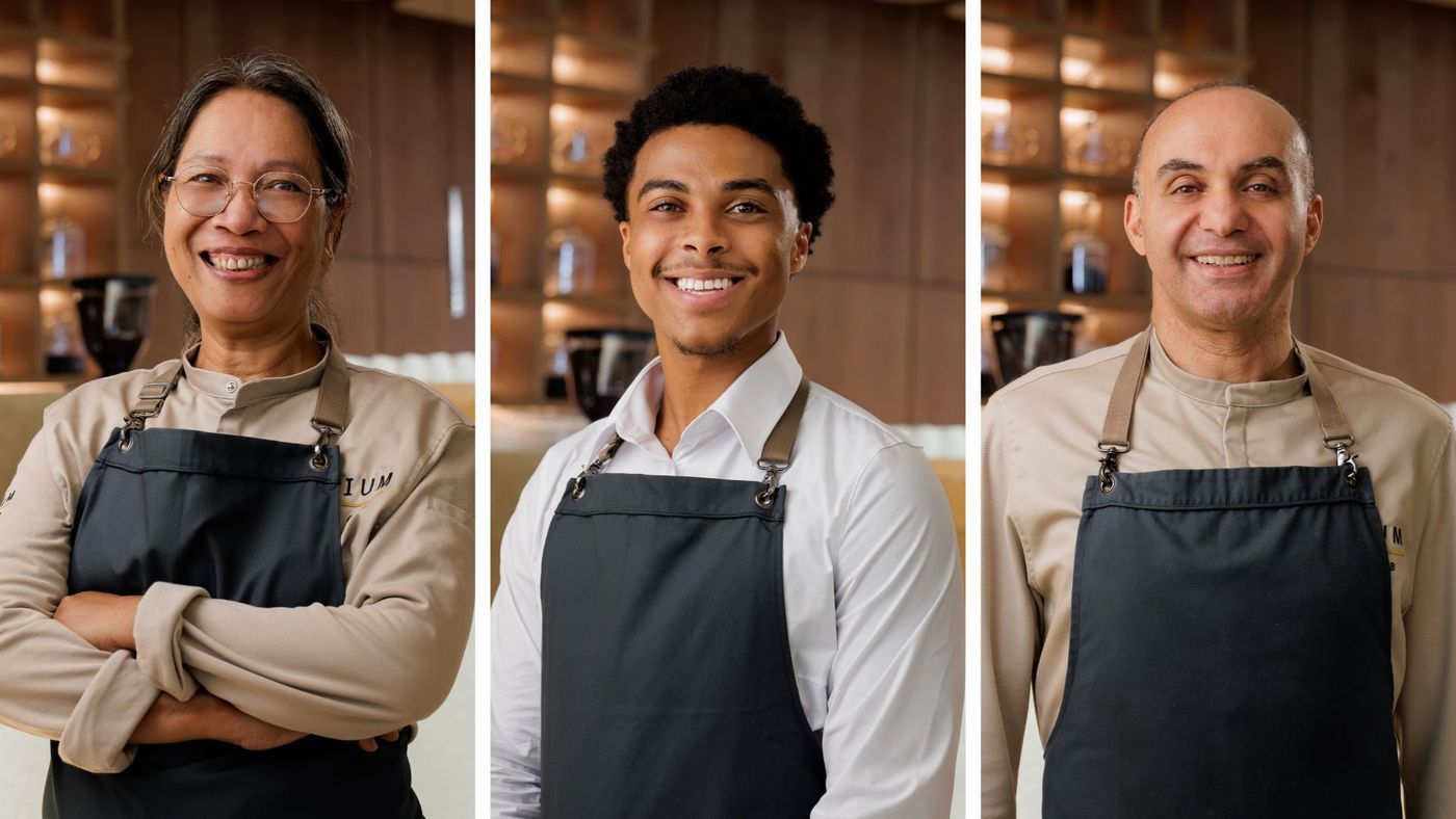 Three smiling people wearing aprons in a warmly lit setting, standing in separate vertical frames.