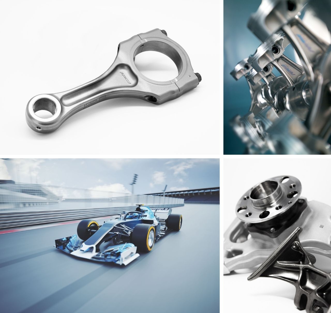 Collage of a connecting rod, car components, a racing car on a track, and a close-up of a mechanical part.