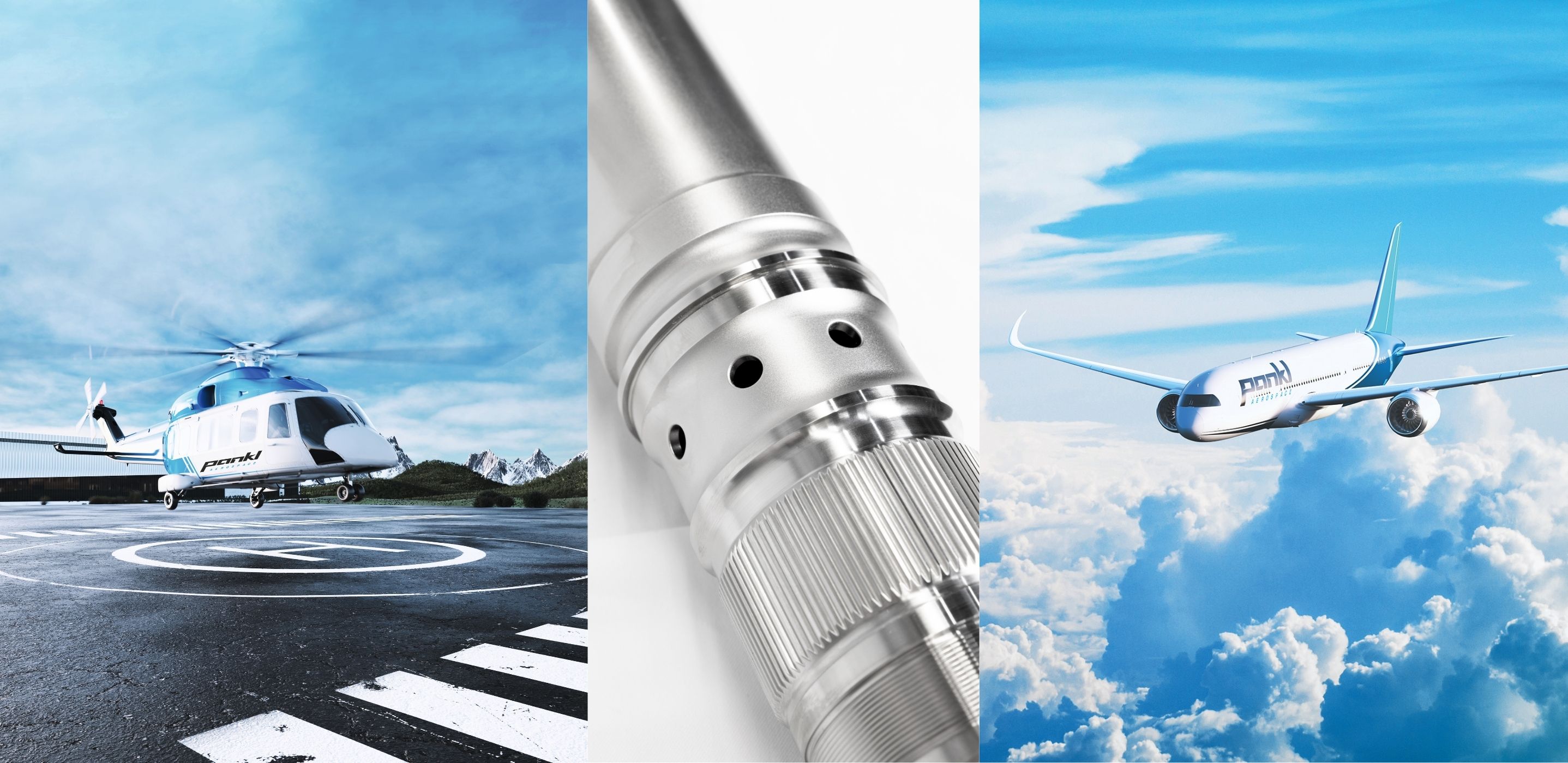 Split image: helicopter on a helipad, close-up of a metal component, and a plane flying above clouds under a blue sky.
