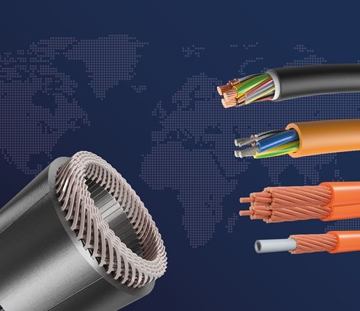Various types of electrical cables and a metal coil are displayed against a blue world map background.