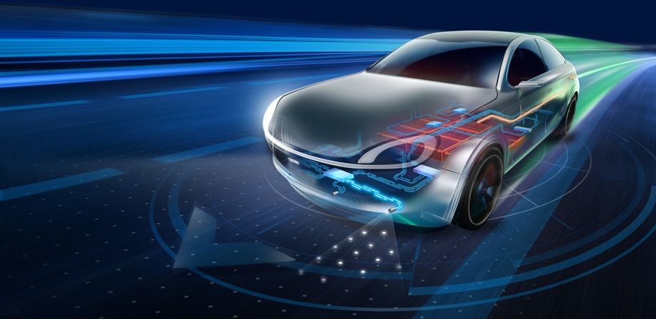 Futuristic car with illuminated interior circuits, driving on a digital highway. Blue and green light trails suggest speed and technology.