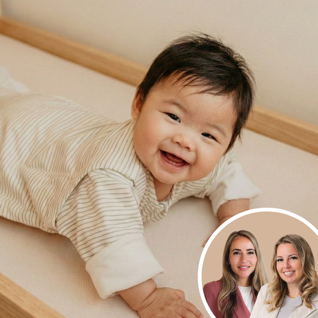 A baby lies on its stomach, smiling. Inset shows two women smiling at the camera.