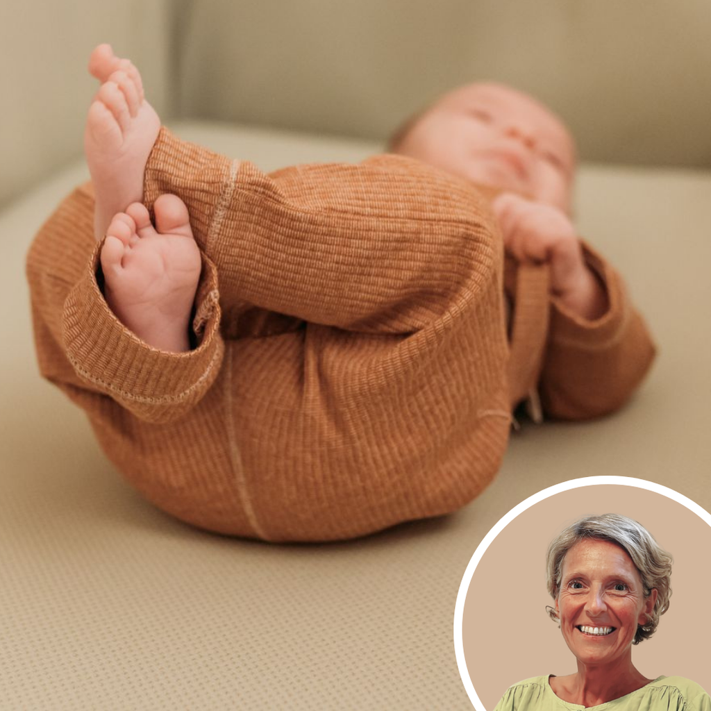 Baby lying on back in brown outfit, gripping feet, inset of smiling older woman in pale green top.