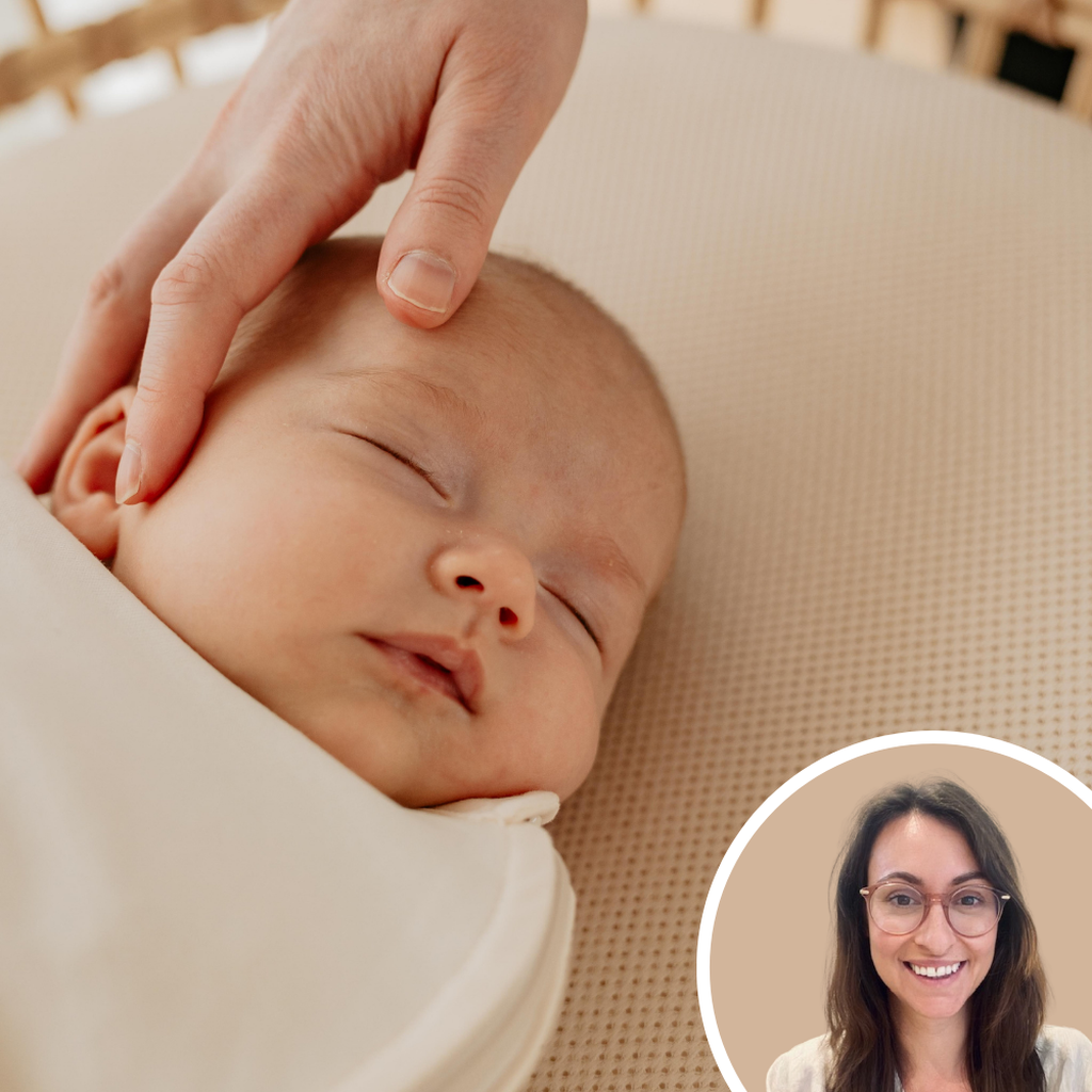 A peacefully sleeping baby swaddled in a light blanket, with an inset image of a smiling woman wearing glasses in the bottom right corner.