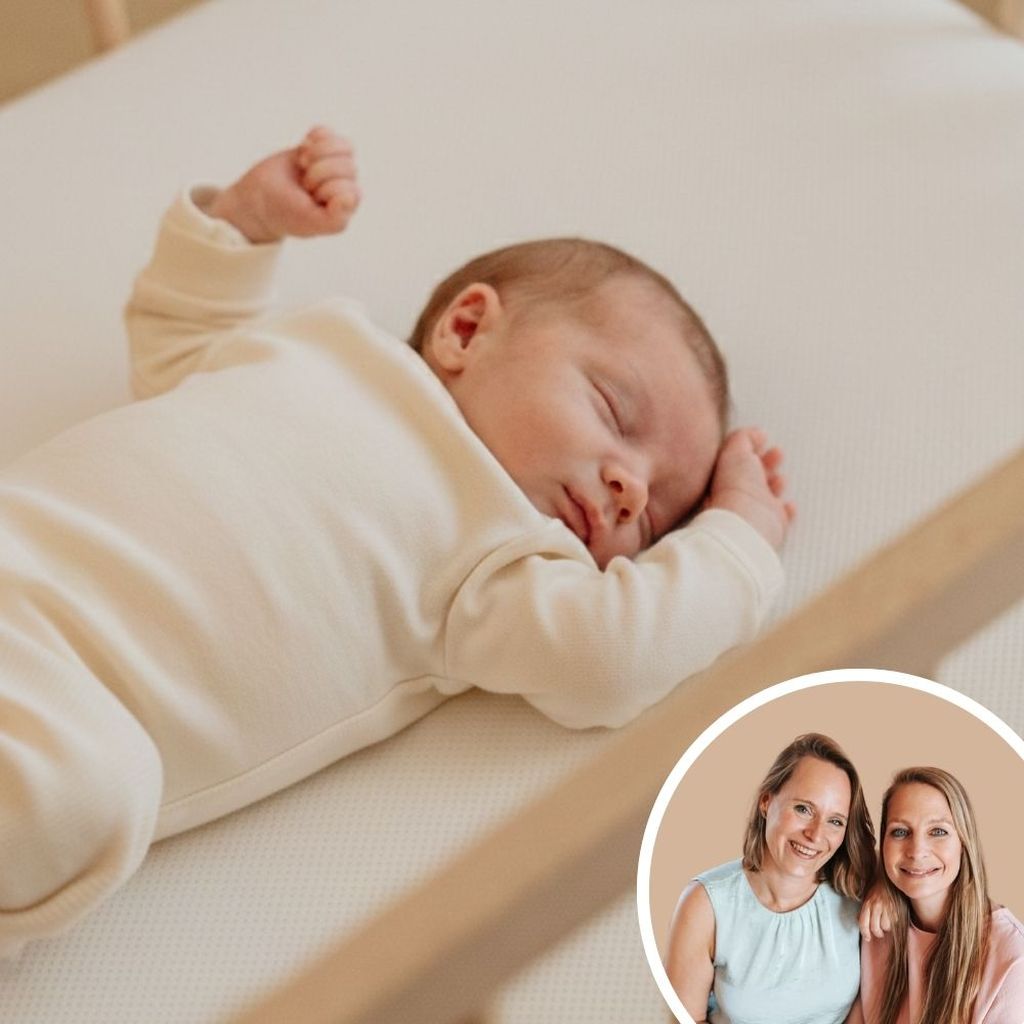 Sleeping baby in a crib wearing a white onesie; inset shows two smiling women sitting together.