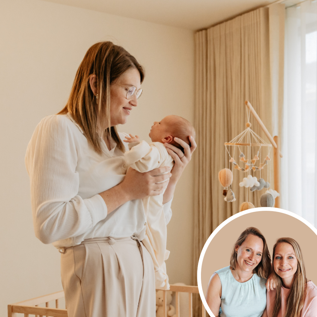 A woman holds a baby in a nursery. Inset shows two women smiling. The room features neutral decor with a hanging mobile.