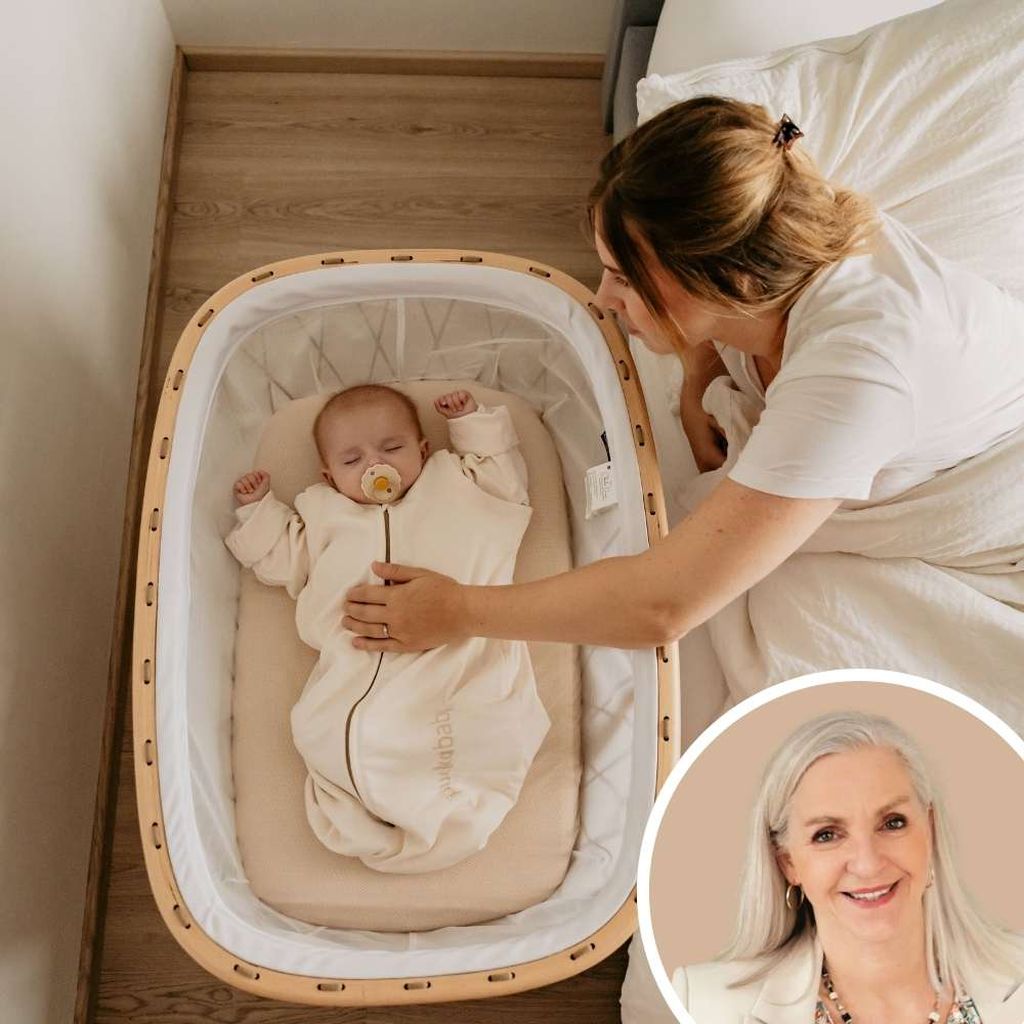 A woman gently places a sleeping baby in a crib. The baby has a pacifier and a sleeping bag. Teddy Roorda is shown in an inset photo.