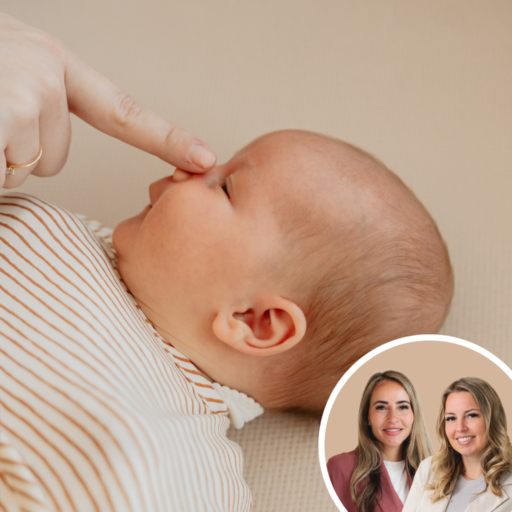 A baby in a striped onesie touches an adult's finger with their nose. Inset shows two women smiling against a beige background.