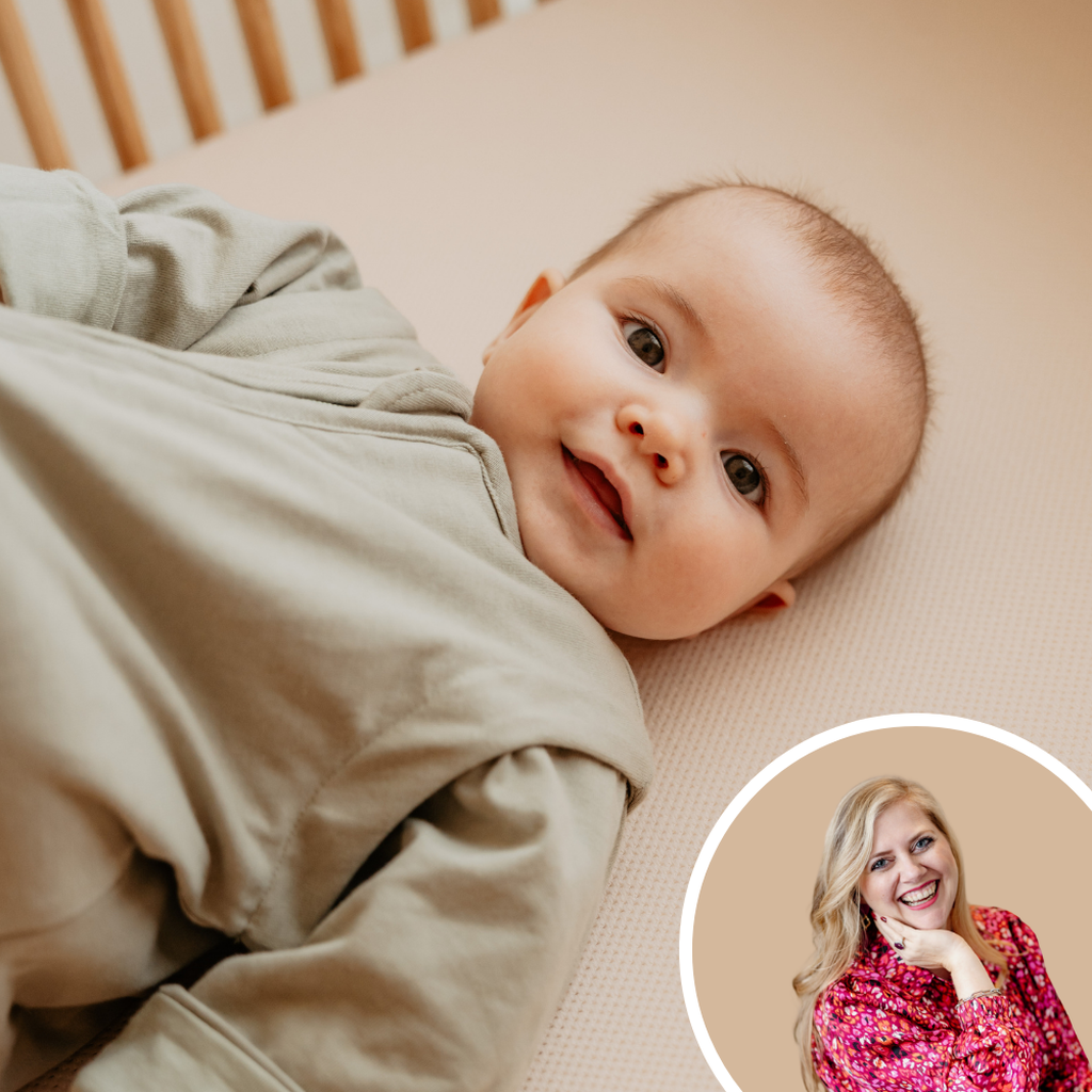 A baby in a light brown outfit lying on a bed. Inset shows a woman smiling, wearing a pink floral blouse.