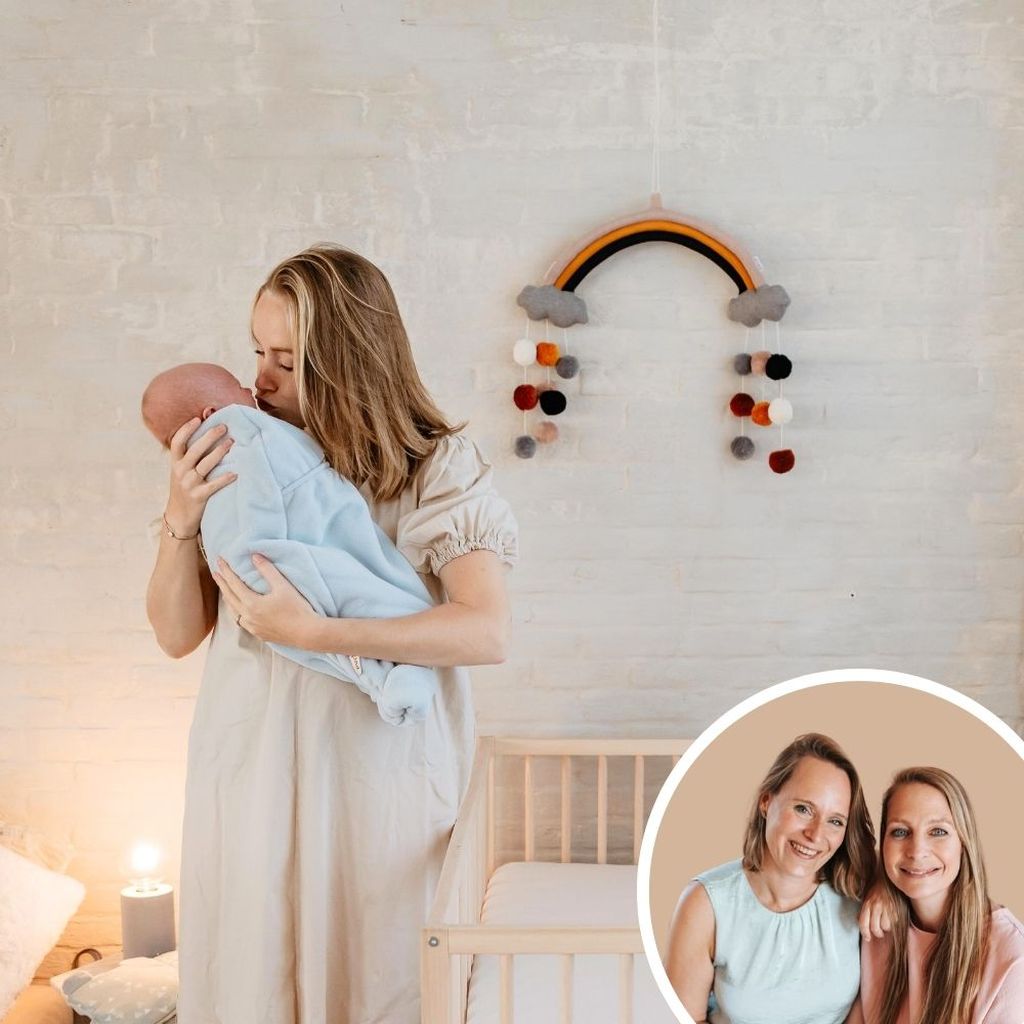 A woman holds a baby in a cozy room with a rainbow wall hanging. Inset shows two women smiling.